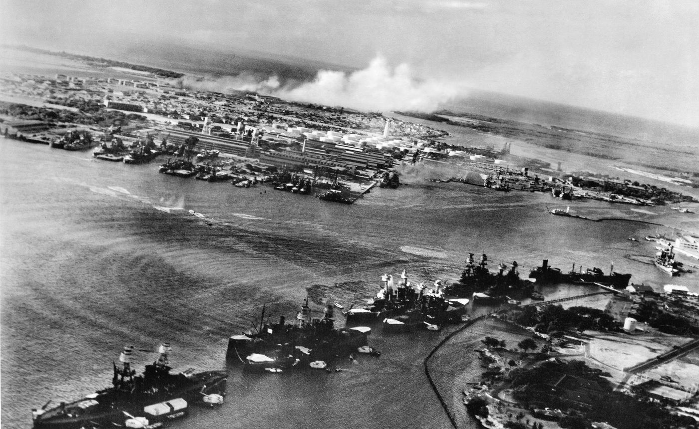Battleship Row burning during the Japanese attack on Pearl Harbor, December 7, 1941