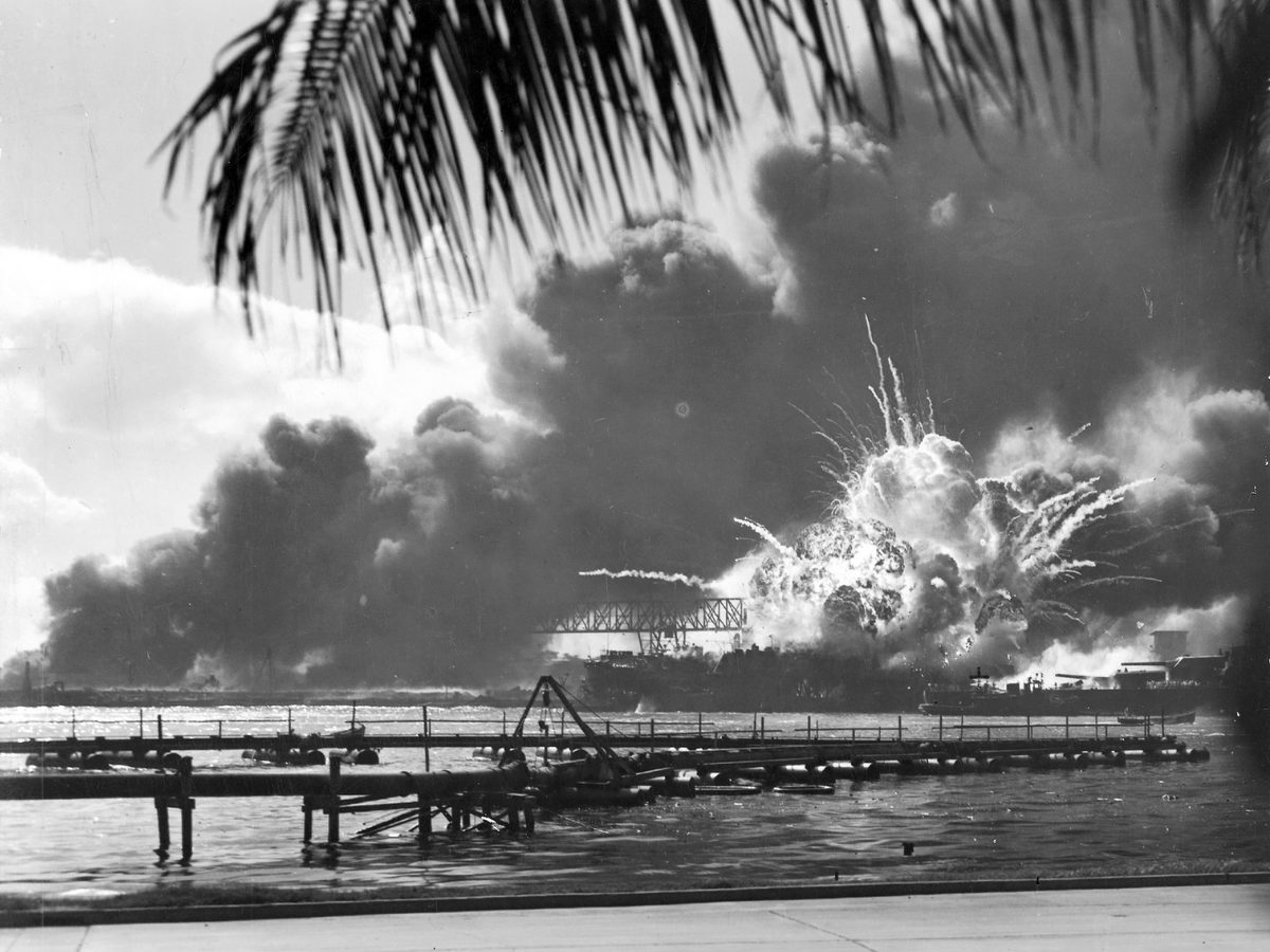 The destroyer USS Shaw exploding during the attack on Pearl Harbor