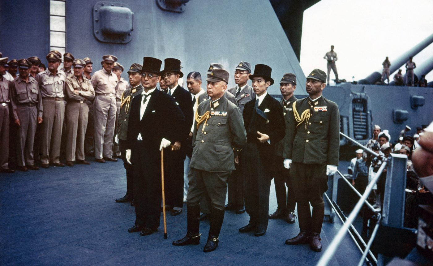 The Japanese delegation aboard the USS Missouri for the surrender ceremony, September 2, 1945